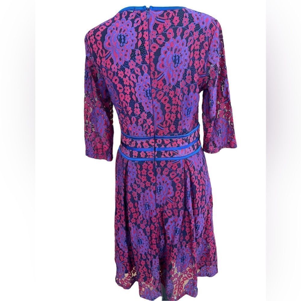 MIUSOL red/blue lace lined fit and flare midi dress w/ elbow length sleeves sz M - Picture 3 of 8